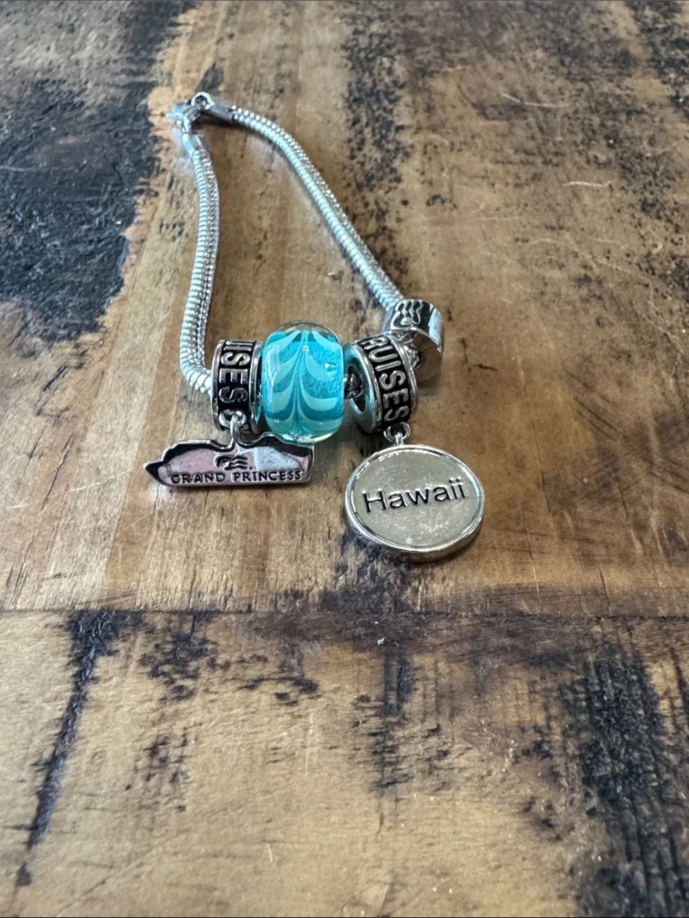 Princess cruises Silver-Tone Blue Glass Charm Bracelet with Cruise & Wave Charms